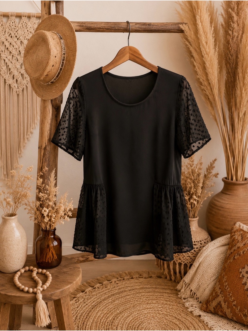 crosby. Black Swiss Dot Peplum Tunic size XS